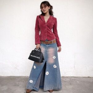 Vintage Y2K Denim Maxi Skirt w Floral Appliqué & Suede Belt Sz Medium